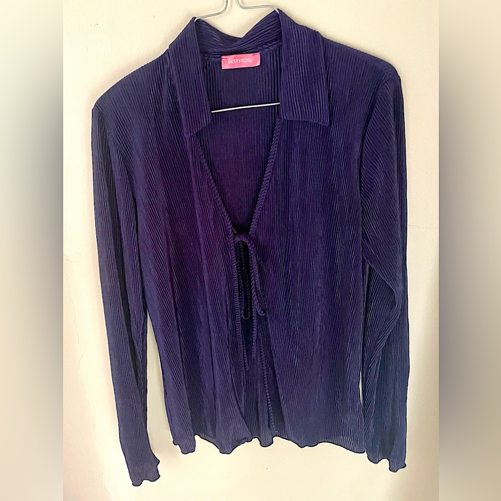 Tie front ribbed over shirt cardigan summer shiny dark blue long sleeve top